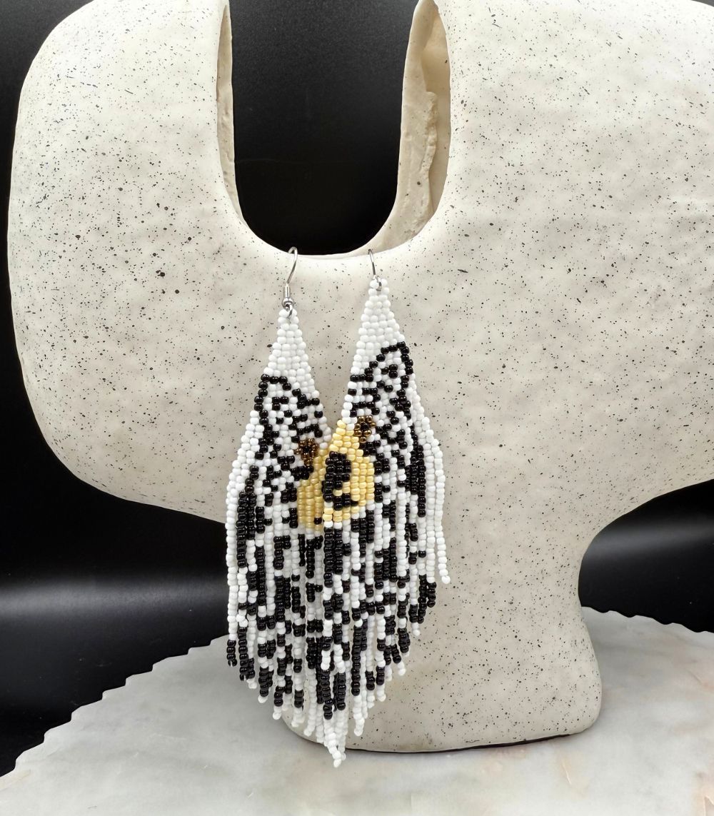 Myrtilus Lampwork Drop Earrings – Bear Fringe & Neutral Beaded Design