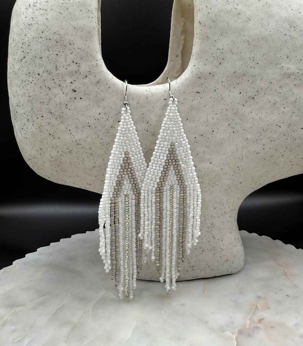 Myrtilus Lampwork Drop Earrings – Pearl Drape & Neutral Beaded Tassel Design