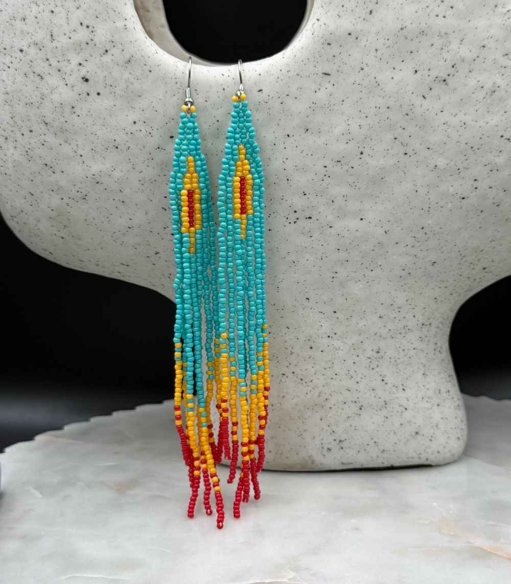 Myrtilus Lampwork Drop Earrings – Fire Arrow & Sunrise Weave Beaded Tassel Design