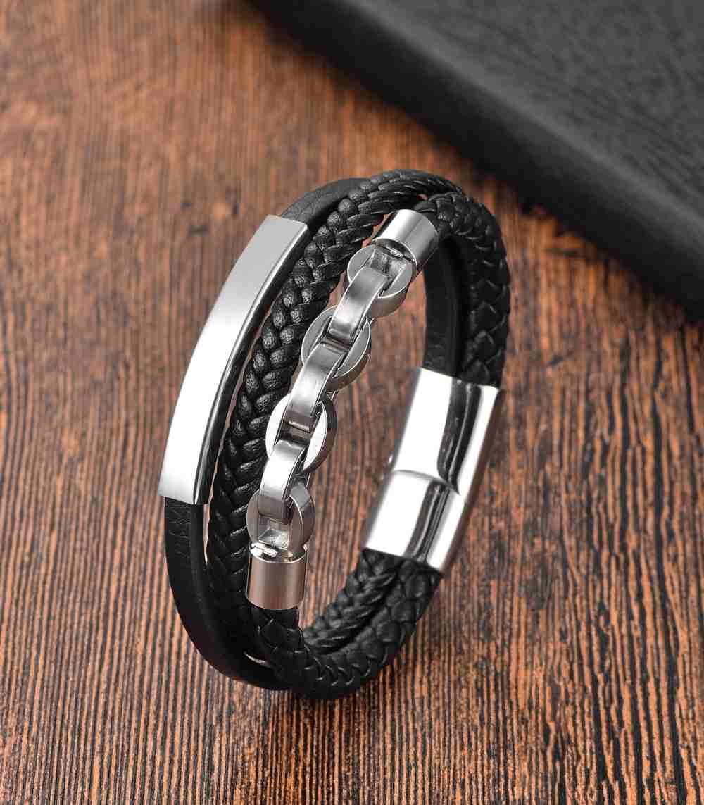 Myrtilus Men’s Leather Bracelet – Stainless Steel Bangle