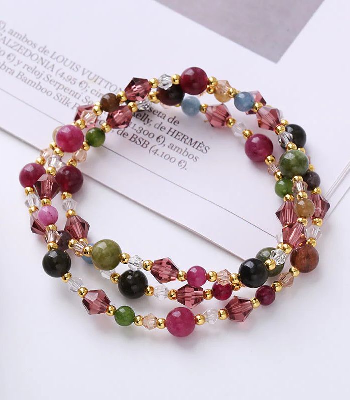 Myrtilus 14K Gold-Plated Natural Tourmaline, Strawberry Quartz & Amethyst Double-Wrap Bracelet