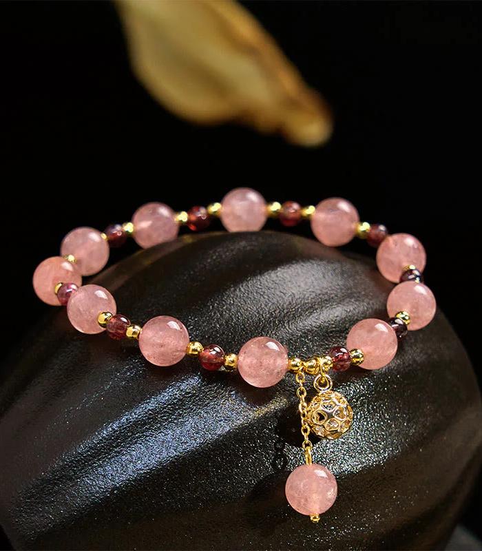 Myrtilus 14K Gold-Plated Strawberry Quartz & Garnet Heart Bracelet