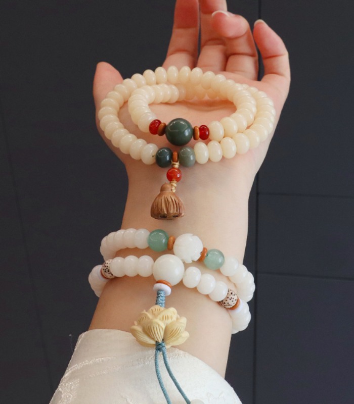 Myrtilus White Jade Bodhi Root Beaded Bracelet – Handmade Spiritual Jewelry