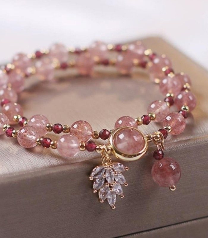 Myrtilus 14K Gold-Plated Strawberry Crystal Double Bracelet with Leaf Charm