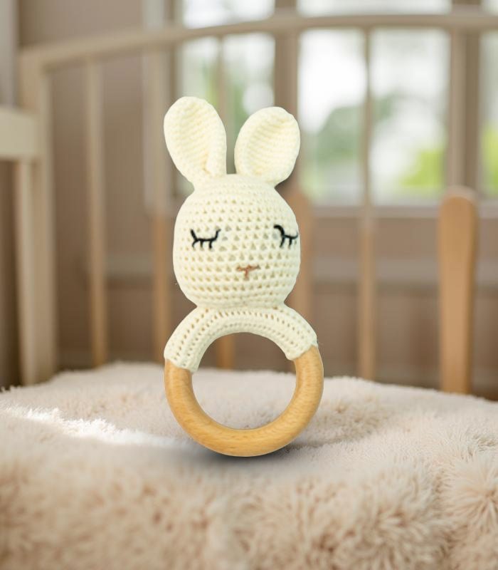 Myrtilus Crochet Bunny Rattle Teether – Handmade in Cotton