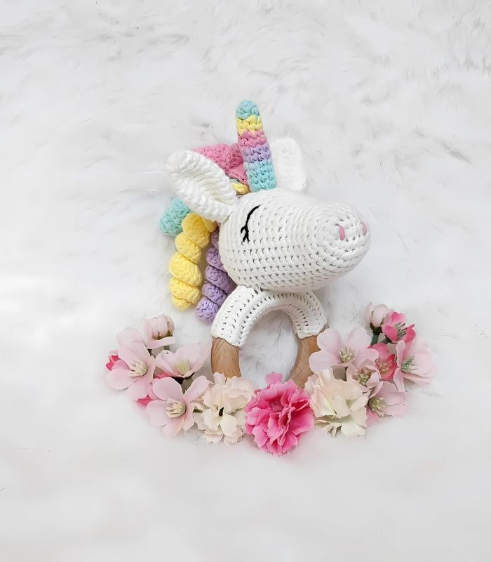 Myrtilus Crochet Unicorn Teether – Handmade in Cotton