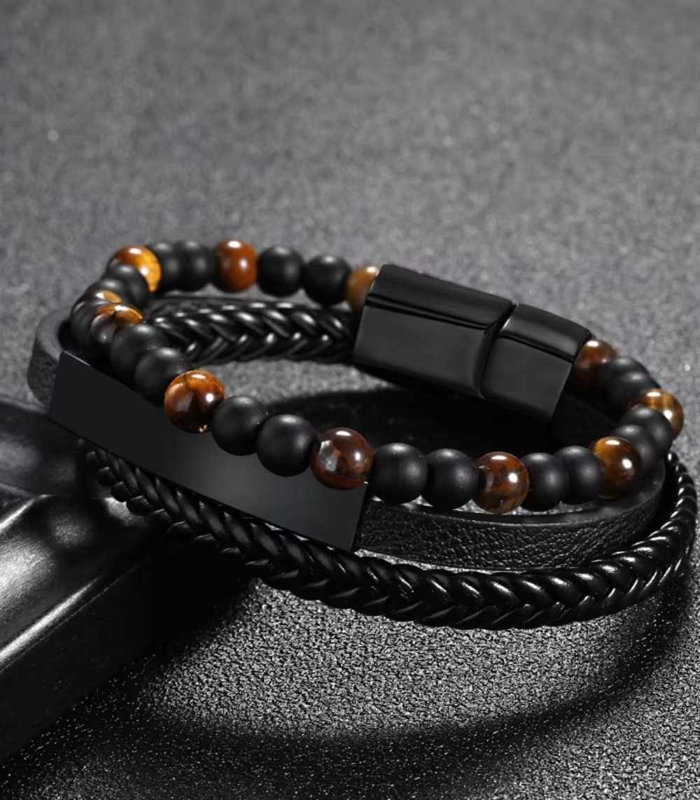 Myrtilus Men’s Agate Leather Bracelet – Handmade with Beads