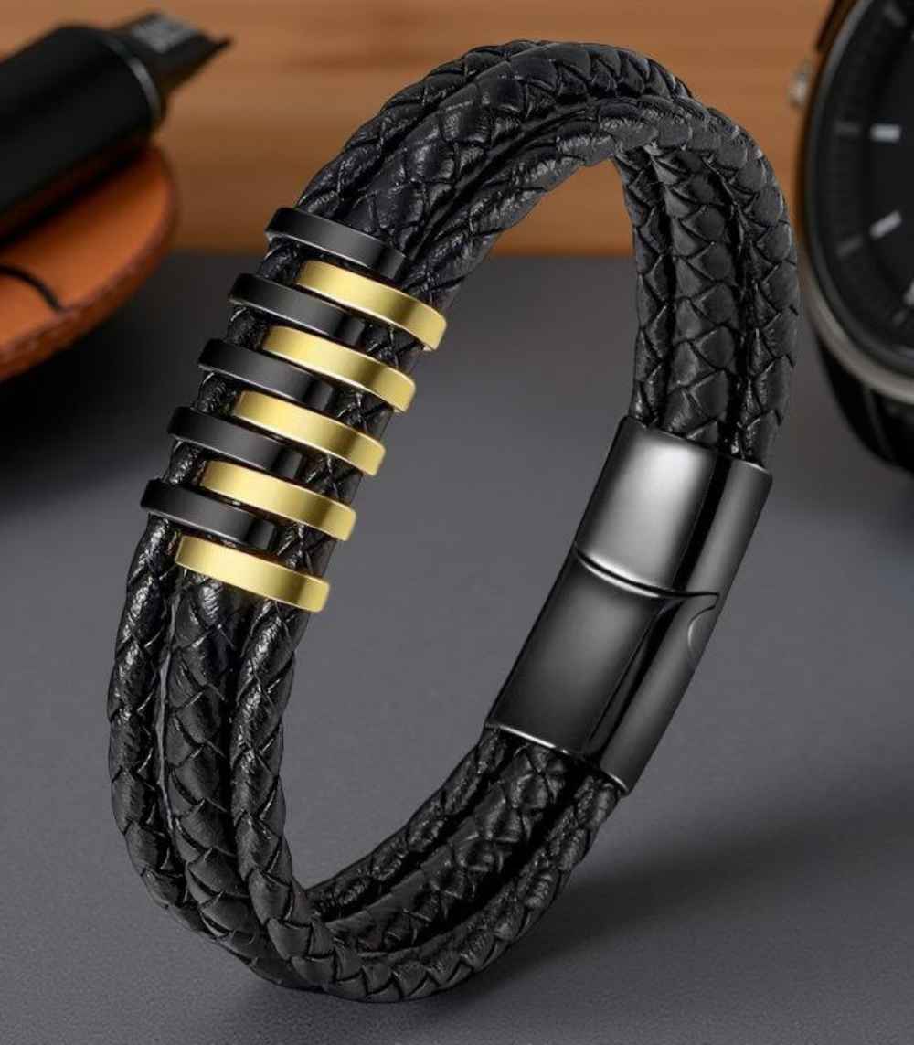 Myrtilus Men’s Double Color Leather Bracelet – Handmade Braided Magnetic Clasp Design
