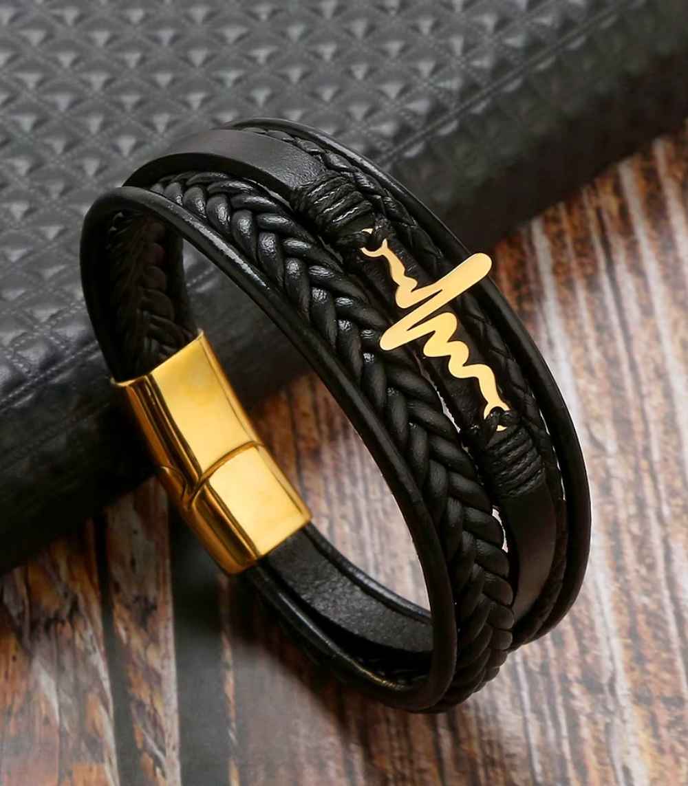 Myrtilus Men’s Electrocardiogram Leather Bracelet – Magnetic Clasp Design