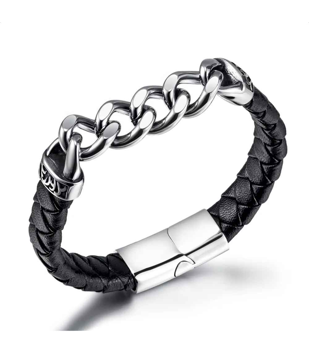 Myrtilus Men’s Stainless Steel Braided Leather Bracelet – Geometric Magnetic Clasp Design