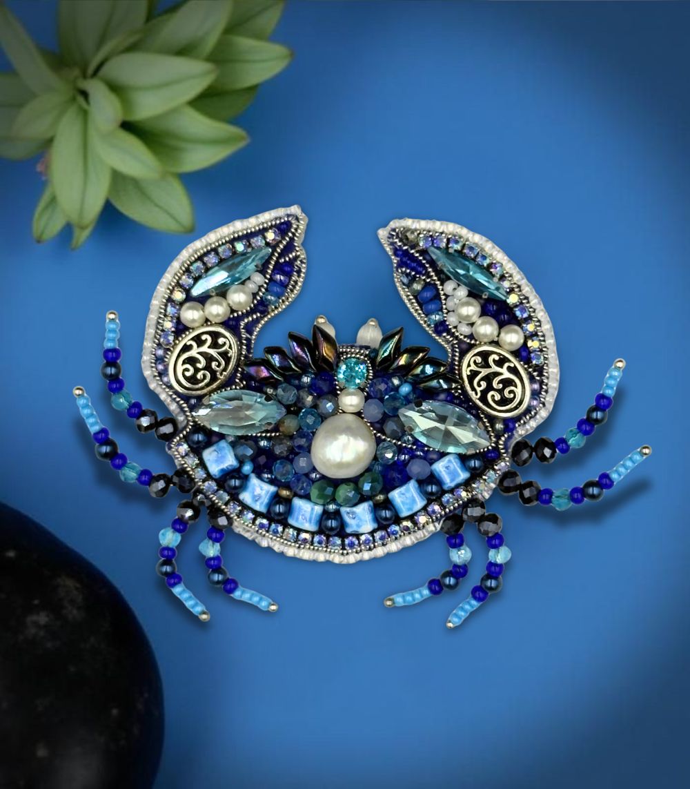 Myrtilus Handmade Beaded Crab Brooch Collection – Ocean Blue, Pearl White & Coral Red