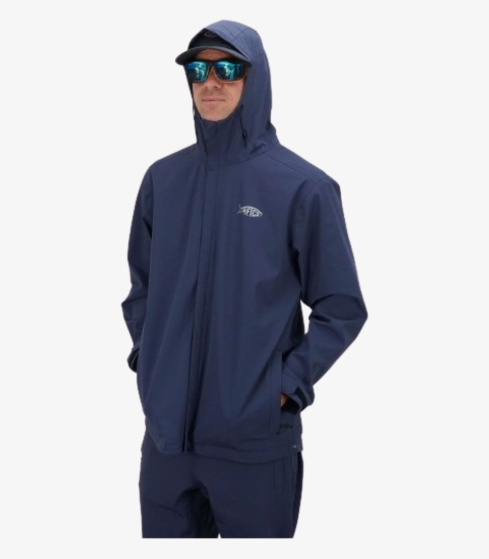AFTCO Transformer Packable Fishing Jacket for Men Naval Water-Resistant Hooded Rain Shell