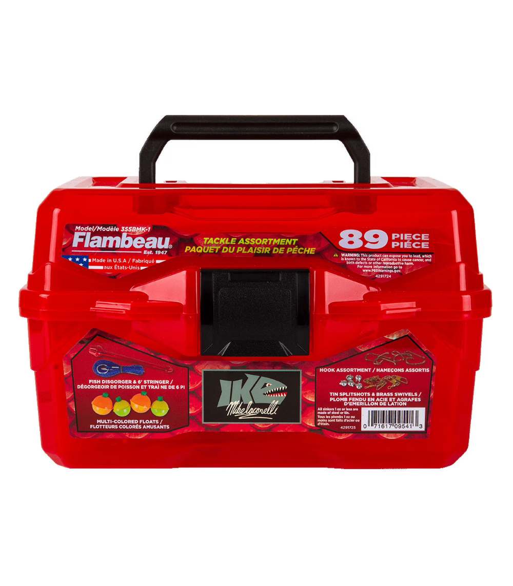 Flambeau Outdoors Ike Big Mouth Kids Tackle Box 89-Piece Fishing Starter Kit, Red Plastic, 6 Compartments, 8.75 in