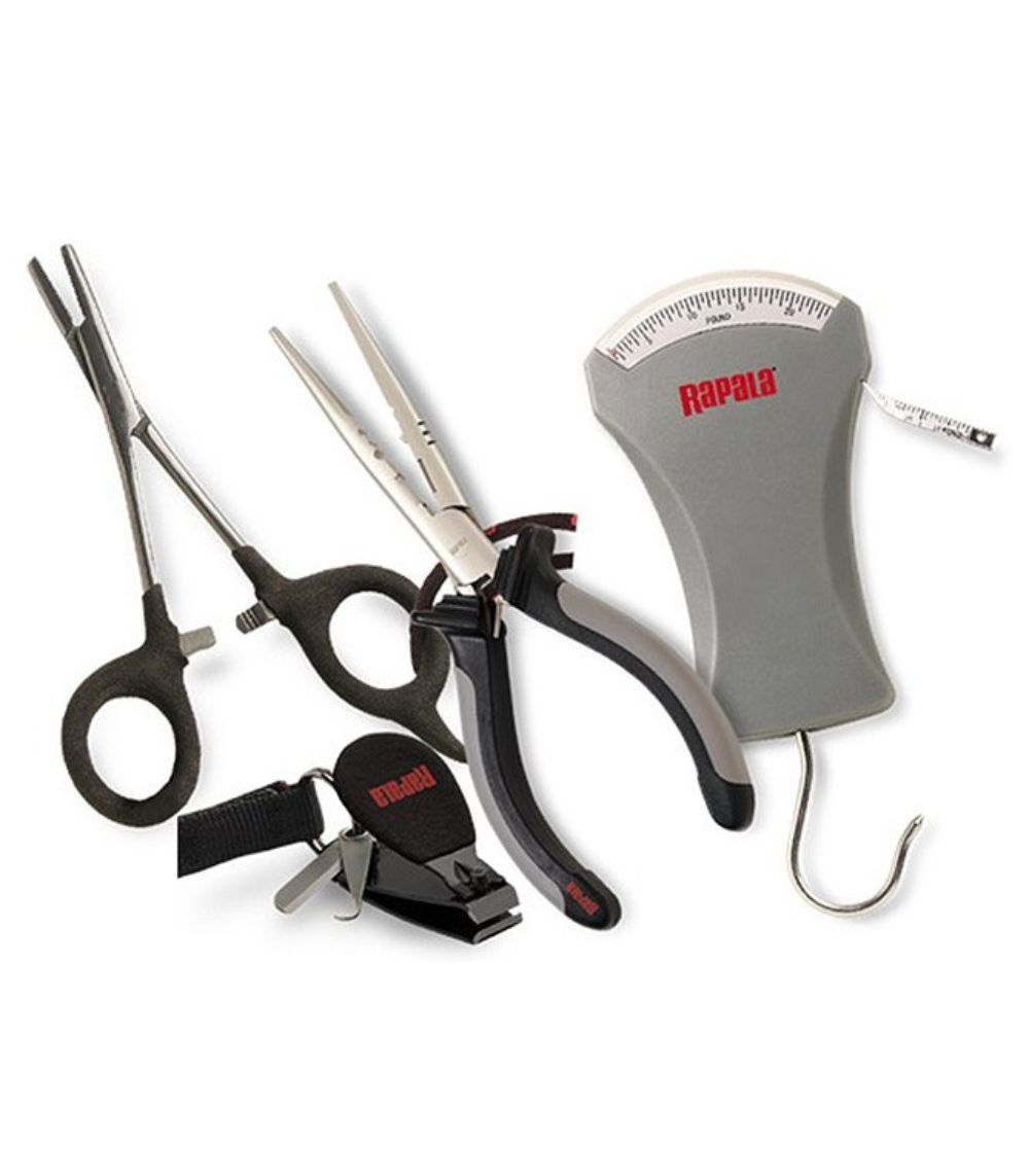 Rapala Combo Pack – Fishing Pliers, Forceps, 25 lb Scale, Clipper, Sheath & Lanyard, RTC-6PFSC