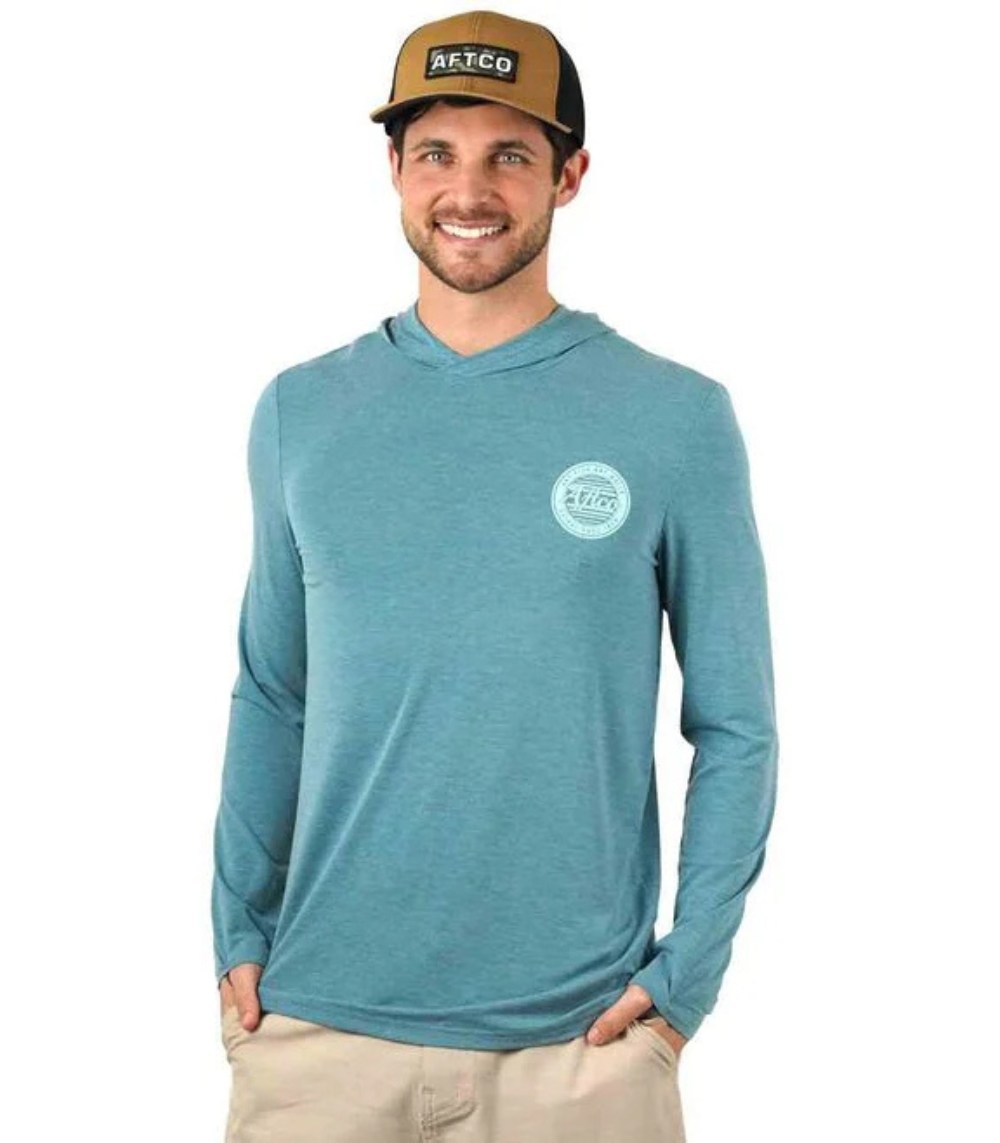 AFTCO Men’s Ocean Bound UPF 40 Solid Hooded Performance Shirt Arctic Heather