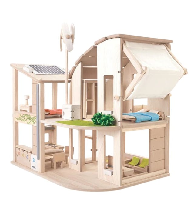 PlanToys Wooden Green Dollhouse With Furniture