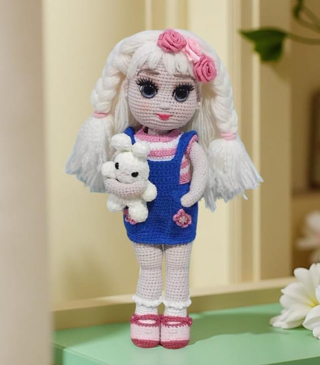 Myrtilus Lamia – The Handmade Crochet Doll by Myrtilus with Snow White Braids and Floral Mini Dress, Eco-Friendly Organic Cotton, Limited Edition