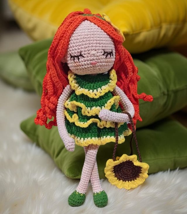 Myrtilus Flora – The Handmade Crochet Fairy Doll by Myrtilus with Curly Orange Hair and Green Summer Dress, Eco-Friendly Organic Cotton, Limited Edition