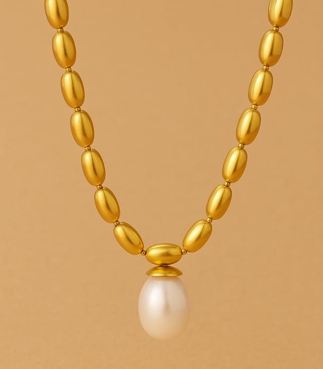 Myrtilus 18K Gold-Plated French Freshwater Pearl Pendant Necklace – Rice Bead on Stainless Steel Chain