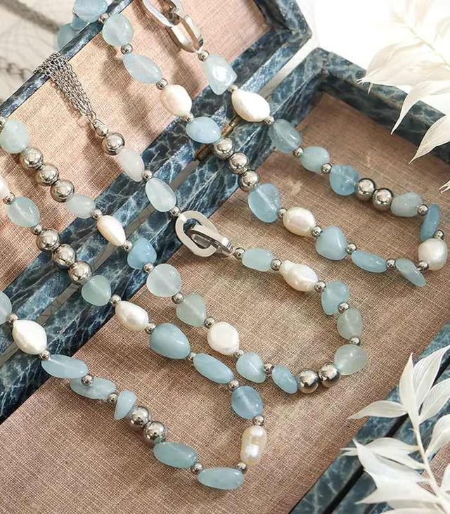 Myrtilus 18K Gold-Plated Freshwater Pearl Heart Necklace – Stainless Steel with Aquamarine Detail