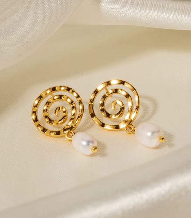 Myrtilus 18K Gold-Plated Geometric Spiral Pearl Drop Earrings – Stainless Steel Jewelry for Women