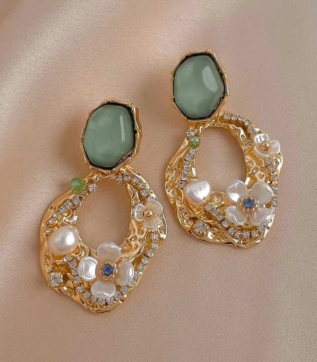 Myrtilus 14K Gold-Plated Rhinestone Pearl Flower Earrings – Vintage-Inspired Studs for Women