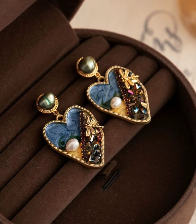 Myrtilus 18K Gold-Plated Heart Earrings – Hand-Painted Freshwater Pearl Studs