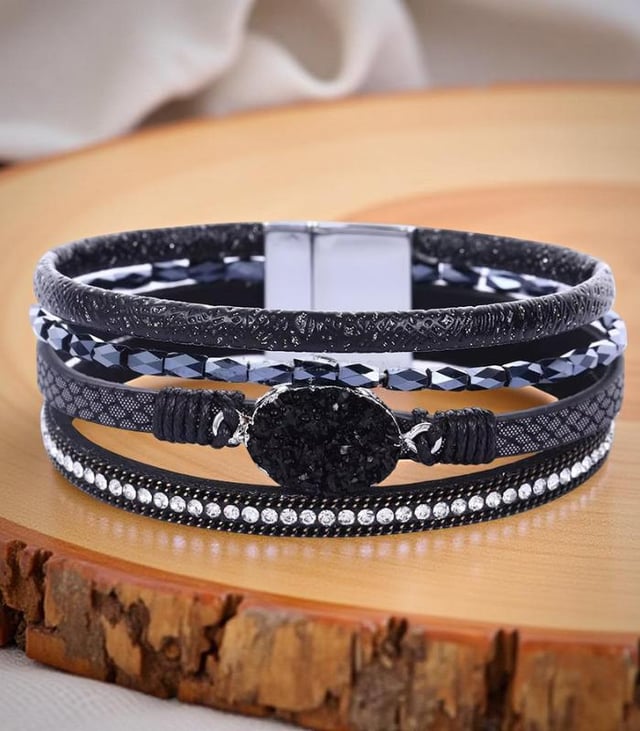 Myrtilus Leather Wrap Bracelet – Handmade with Crystal Beads and Magnetic Cuff Closure