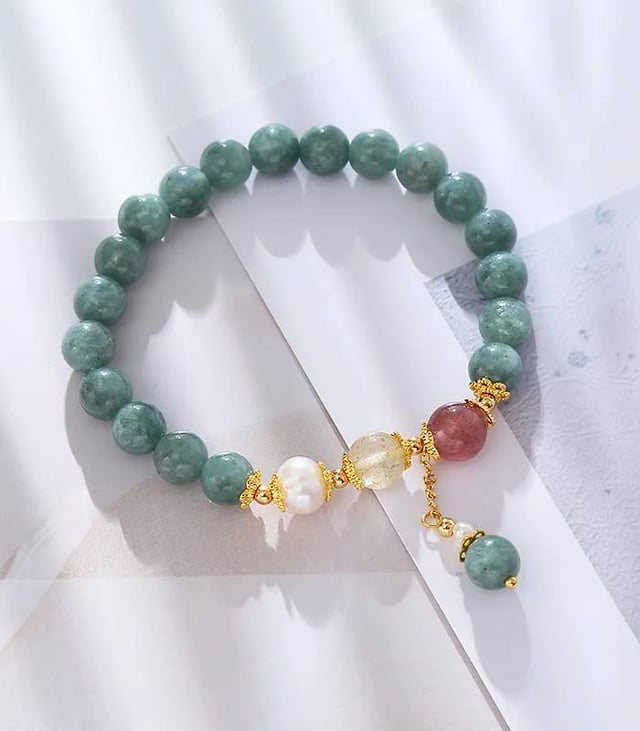 Myrtilus 14K Gold-Plated Jade & Pearl Bracelet – Strawberry Crystal Accent