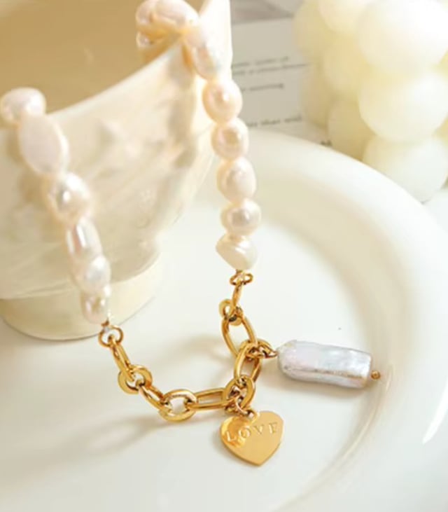 Myrtilus 18K Gold-Plated Pearl Necklace – Handmade with LOVE Charm