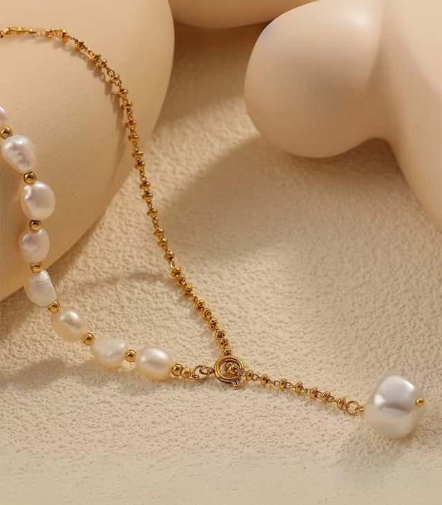 Myrtilus 18K Gold-Plated Women’s Pearl Fringe Pendant Necklace – Freshwater Pearls & Stainless Steel Chain