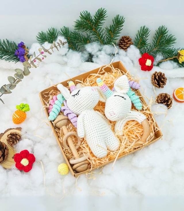 Myrtilus Crochet Unicorn Teether Gift Set – Handmade in Cotton