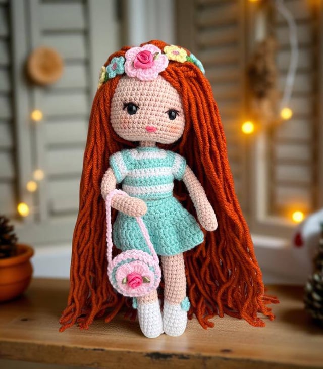 Myrtilus Maha – A Handmade Crochet Doll by Myrtilus with Long Auburn Hair, Blue Striped Dress & Floral Accessories