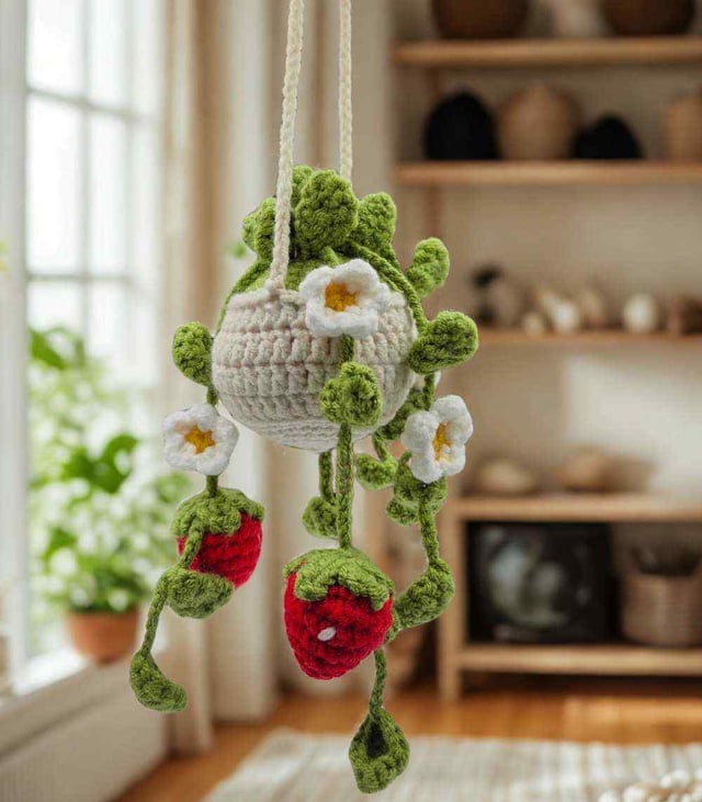 Myrtilus Handmade Crochet Hanging Basket – White Flowers or Strawberry Plant