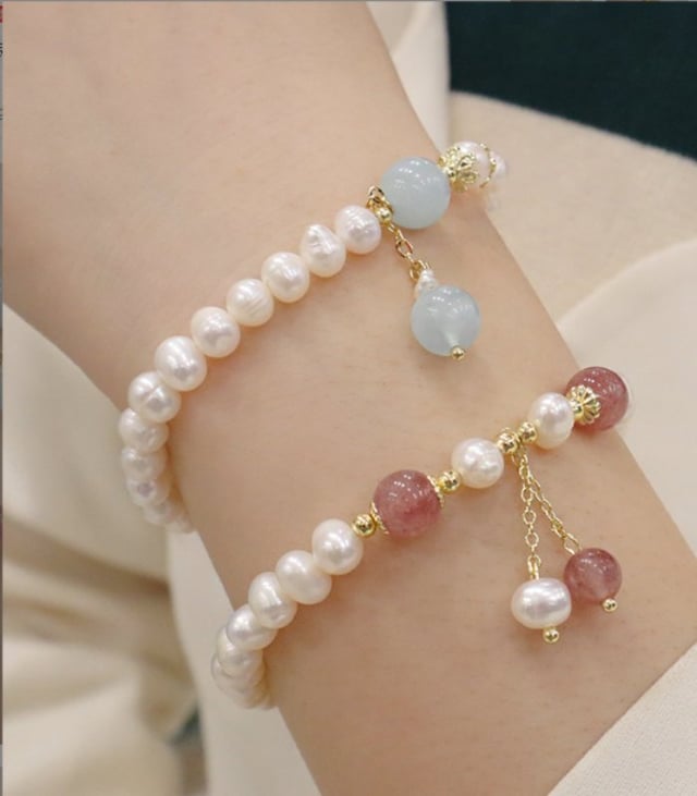 Myrtilus 14K Gold-Plated Aquamarine & Strawberry Crystal Bracelet – with Freshwater Pearls