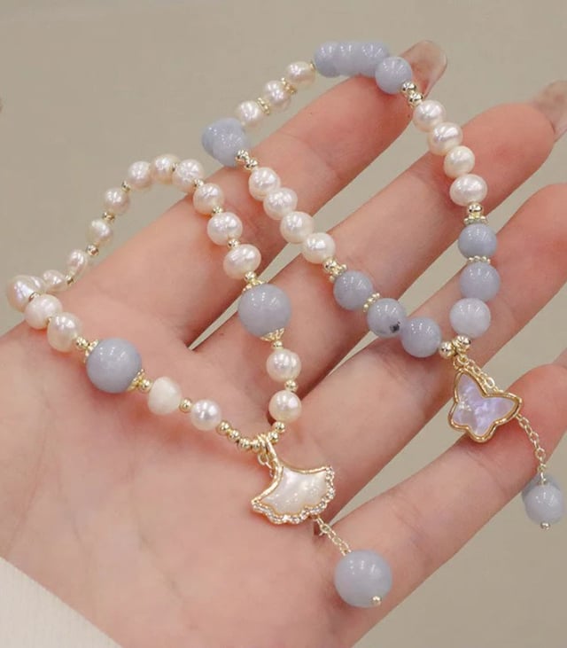 Myrtilus 14K Gold-Plated Aquamarine & Pearl Bracelet – Ginkgo Leaf or Butterfly Charm