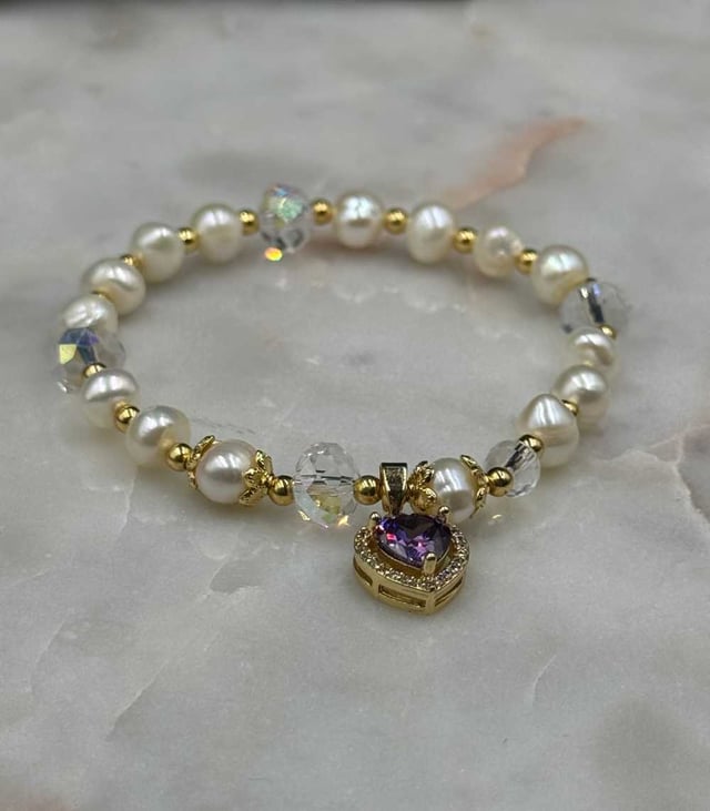 Myrtilus 14K Gold-Plated Pearl & Amethyst Heart Bracelet