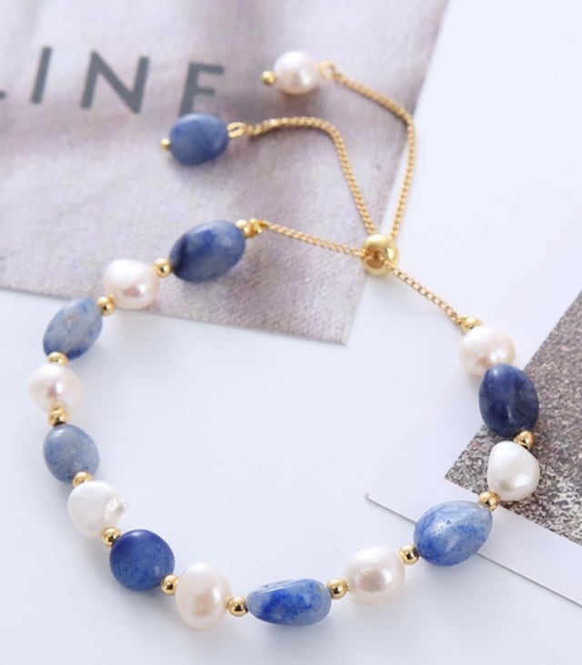 Myrtilus 14K Gold-Plated Blue-Quartz & Freshwater Pearl Boho Bracelet – Handmade with Natural Beads & Stones