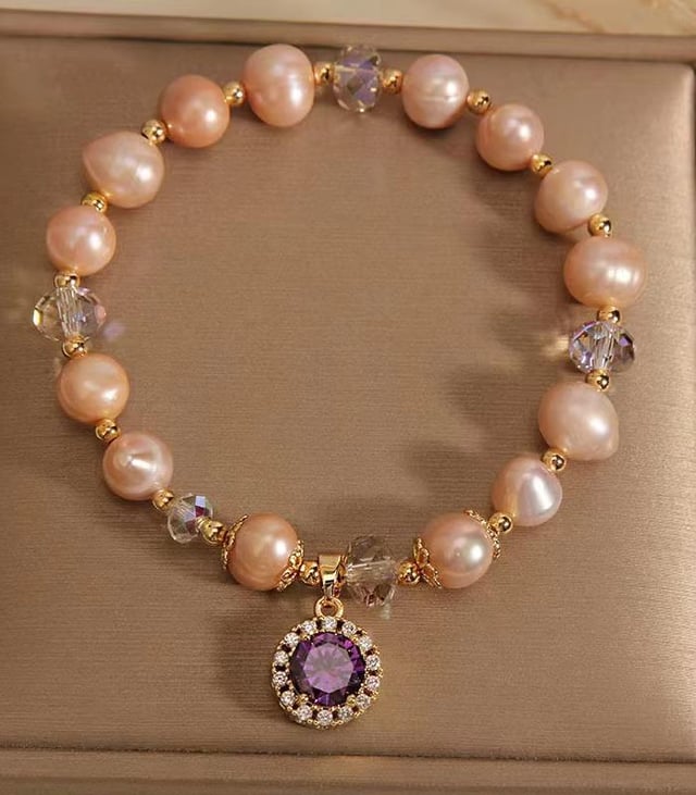 Myrtilus 14K Gold-Plated Champagne Pearl Bracelet – Handmade with Amethyst Pendant
