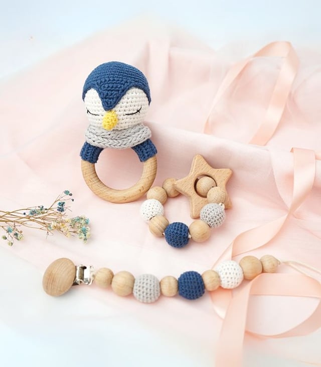Myrtilus Crochet Penguin Rattle & Teether Set – Handmade in Cotton