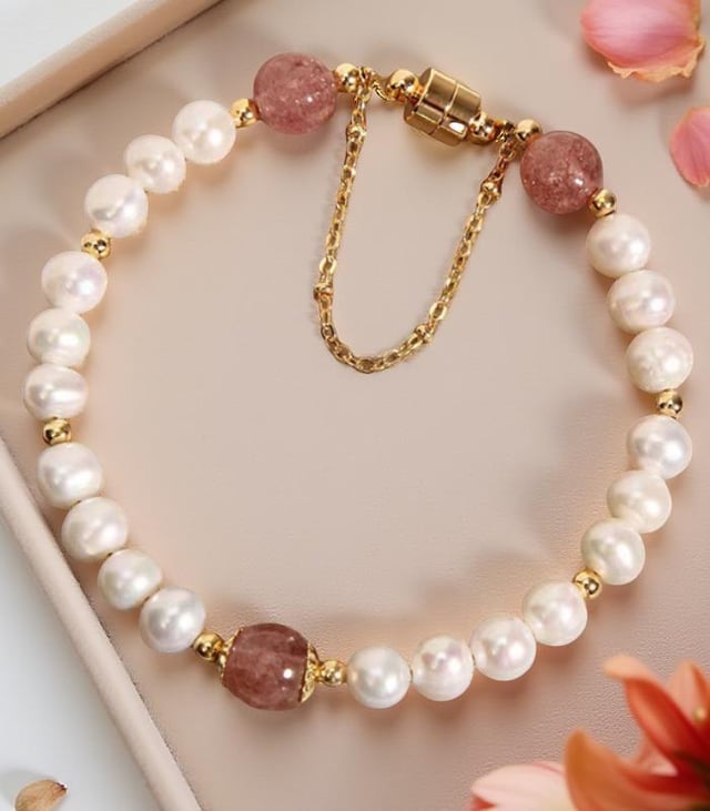 Myrtilus 14K Gold-Plated Freshwater Pearl & Strawberry Quartz Bracelet – Handmade Beaded Jewelry