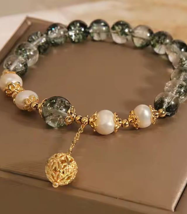 Myrtilus 14K Gold-Plated Green Fantom Quartz & Pearl Bracelet – Handmade Ethnic Beaded Jewelry