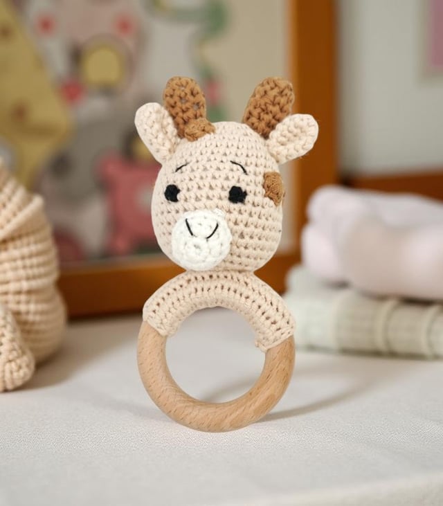 Myrtilus Handmade Crochet Baby Bull Rattle with Beech Wood Teething Ring