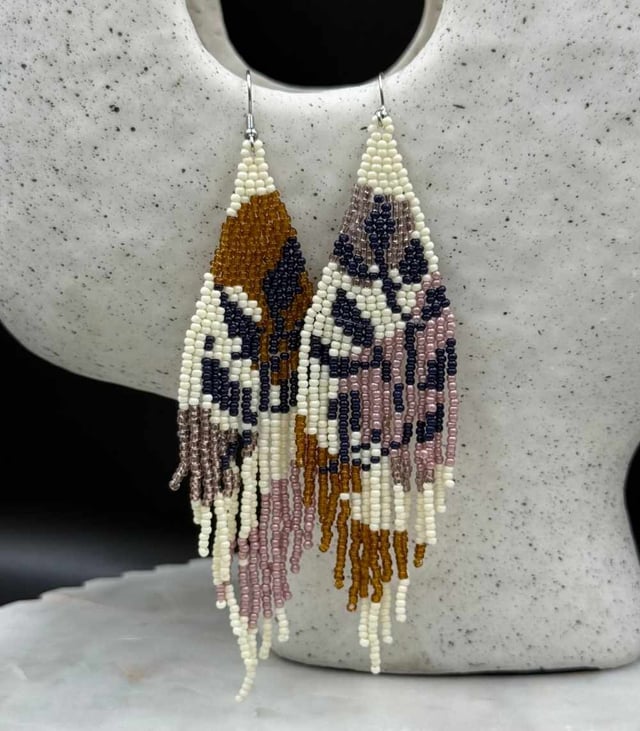 Myrtilus Lampwork Drop Earrings – Petal Flame & Tribal Bloom Beaded Fringe Design