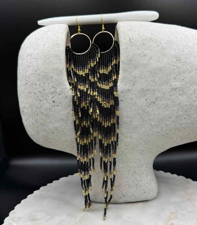 Myrtilus Lampwork Drop Earrings – Midnight Chevron & Golden Fringe Hoop Design