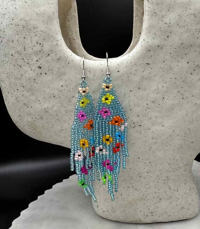 Myrtilus Lampwork Drop Earrings – Colorful Floral Tassel & Beaded Fringe Design