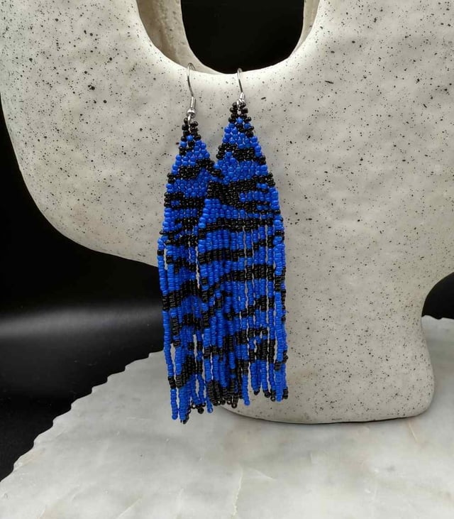 Myrtilus Lampwork Drop Earrings – Wild Stripes & Safari Fringe Beaded Tassel Design