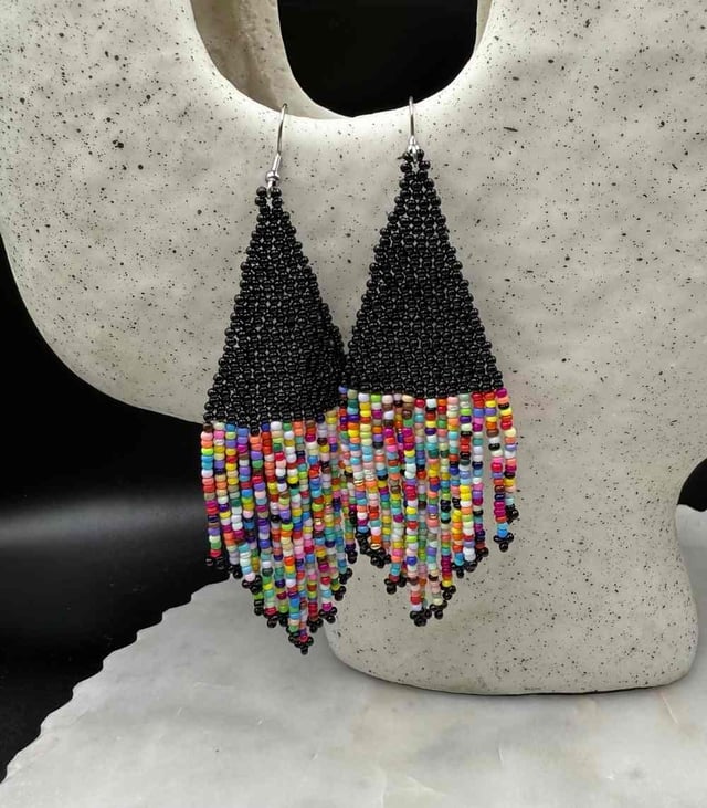 Myrtilus Lampwork Drop Earrings – Midnight Carnival & Multicolor Tassel Beaded Design