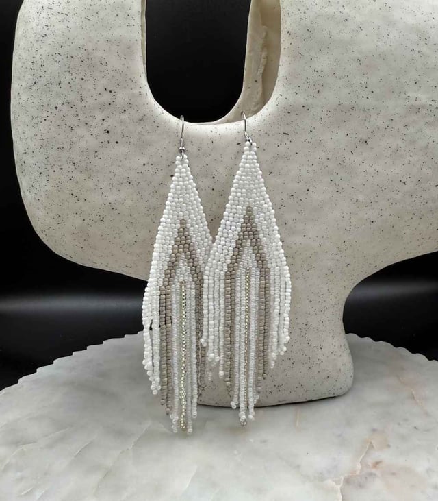 Myrtilus Lampwork Drop Earrings – Pearl Drape & Neutral Beaded Tassel Design