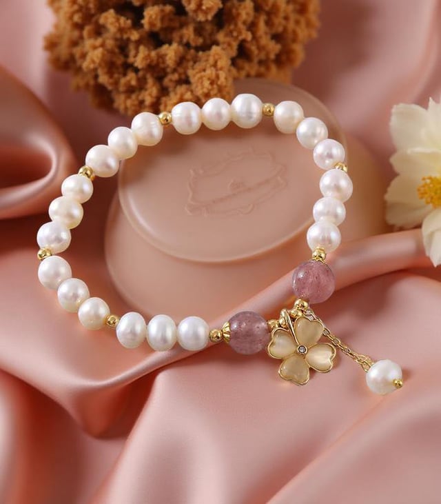 Myrtilus 14K Gold-Plated Pearl & Strawberry Quartz Clover Bracelet – Lucky Charm Jewelry for Women